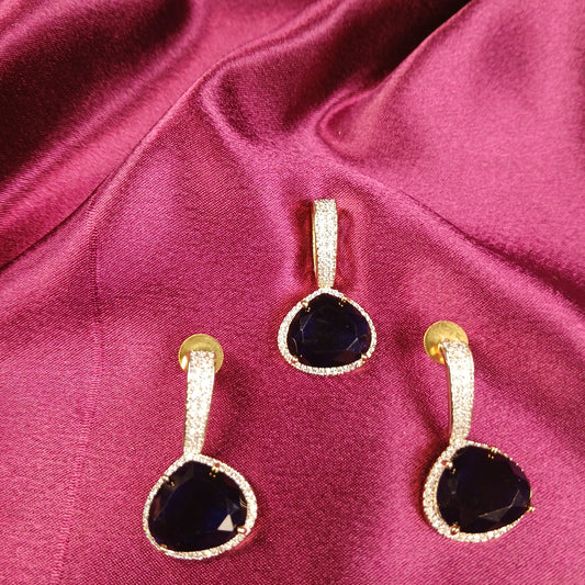 Saphire Blue Stone & American Diamond Pendant Set