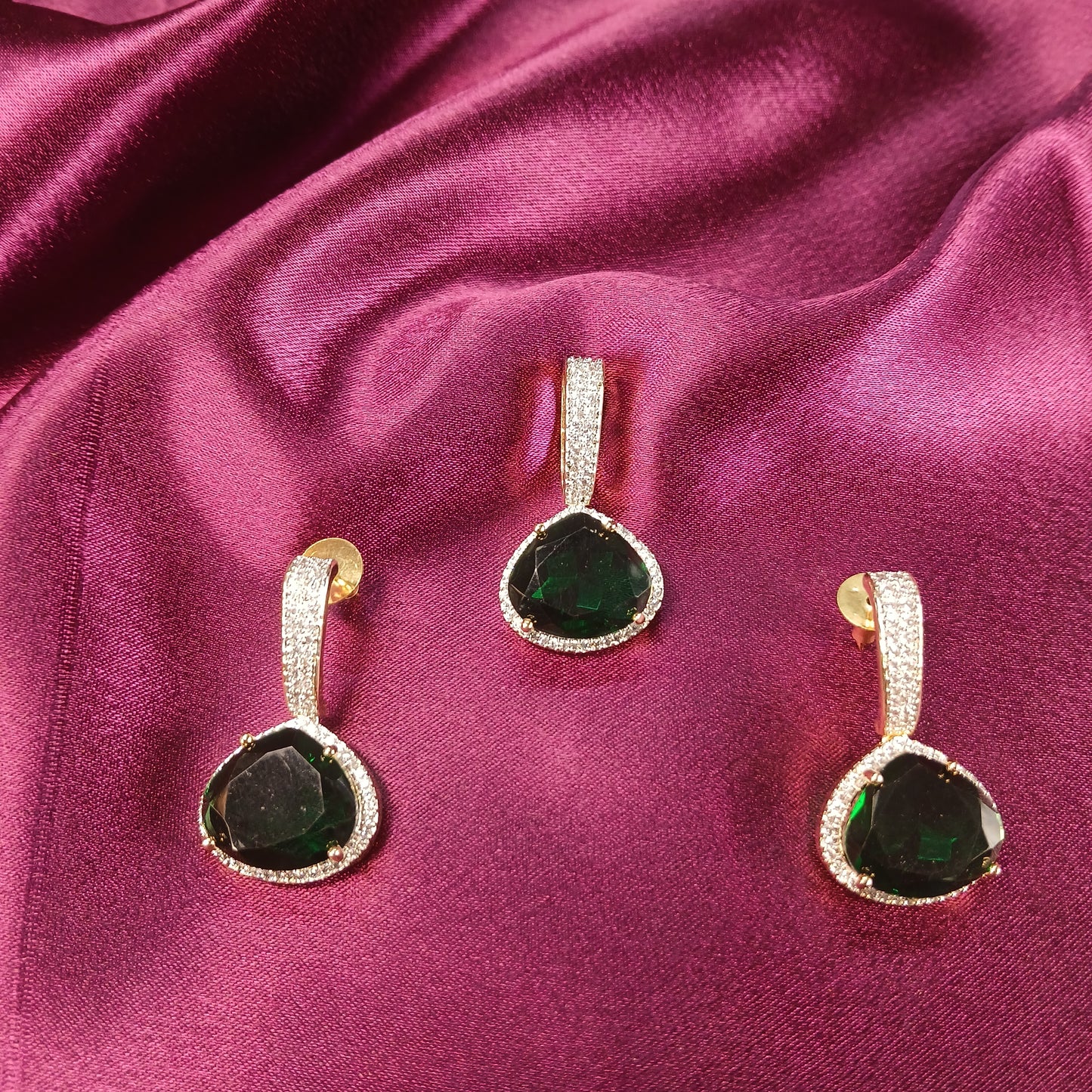 Green Stone & American Diamond Pendant Set
