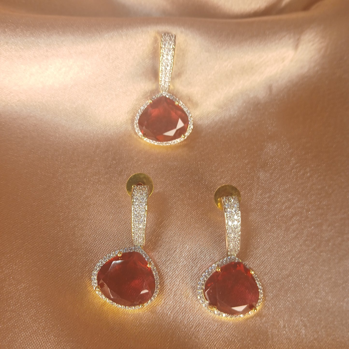 Red Stone & American Diamond Pendant Set