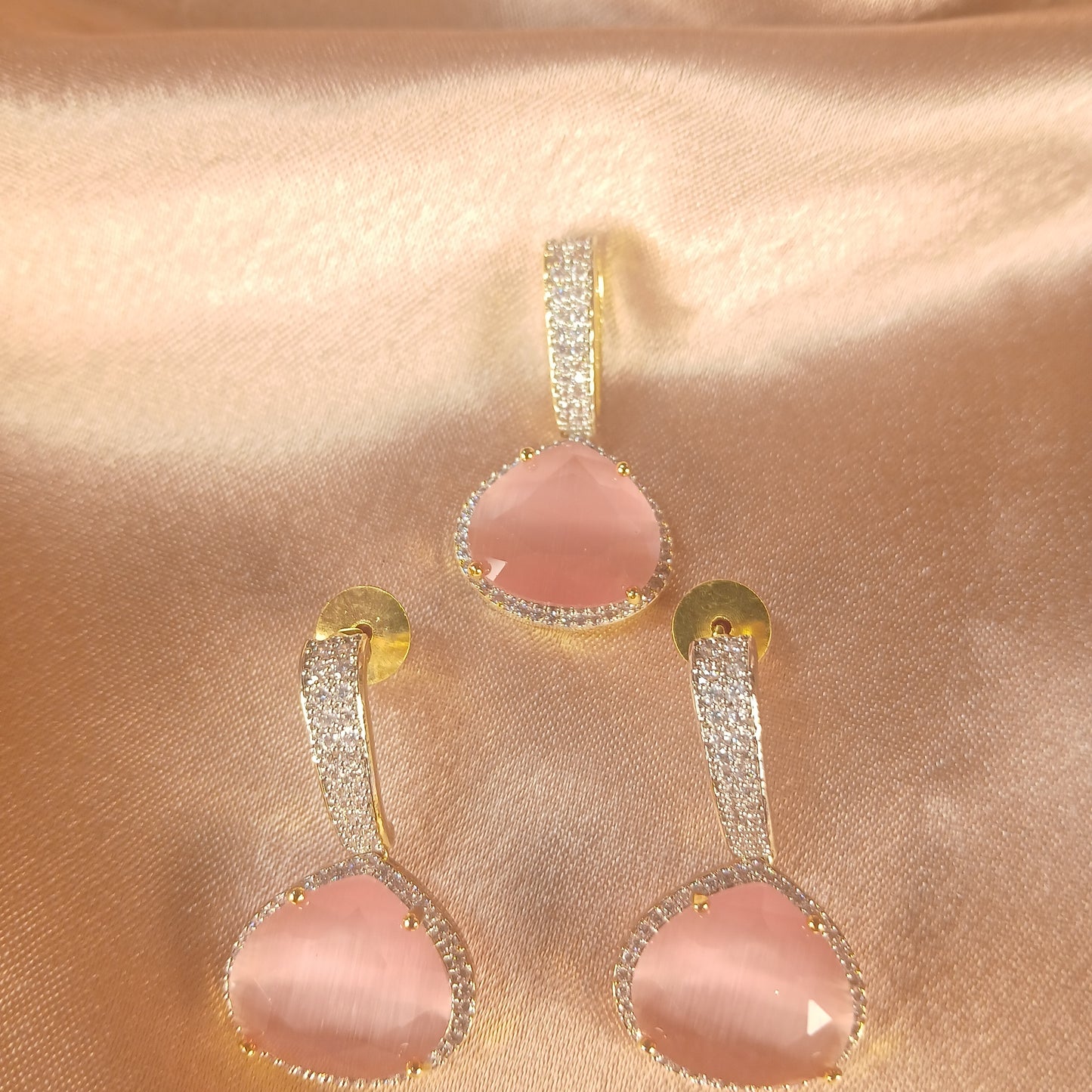 Pink Stone & American Diamond Pendant Set