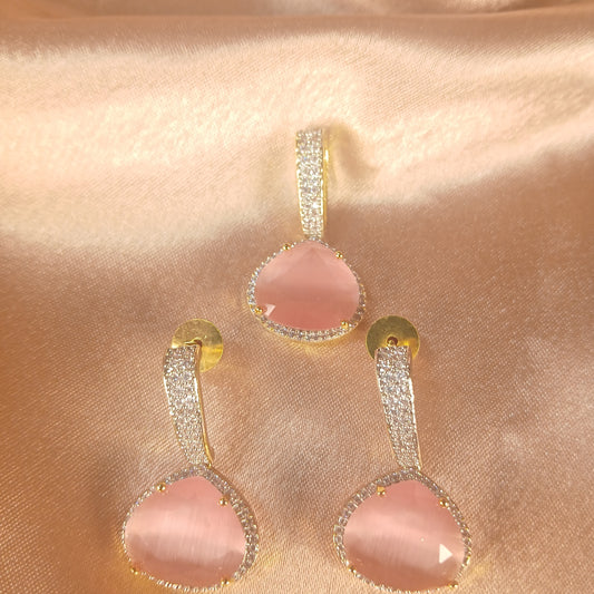 Pink Stone & American Diamond Pendant Set