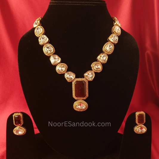 Polki Necklace with long pendant in stone- Red