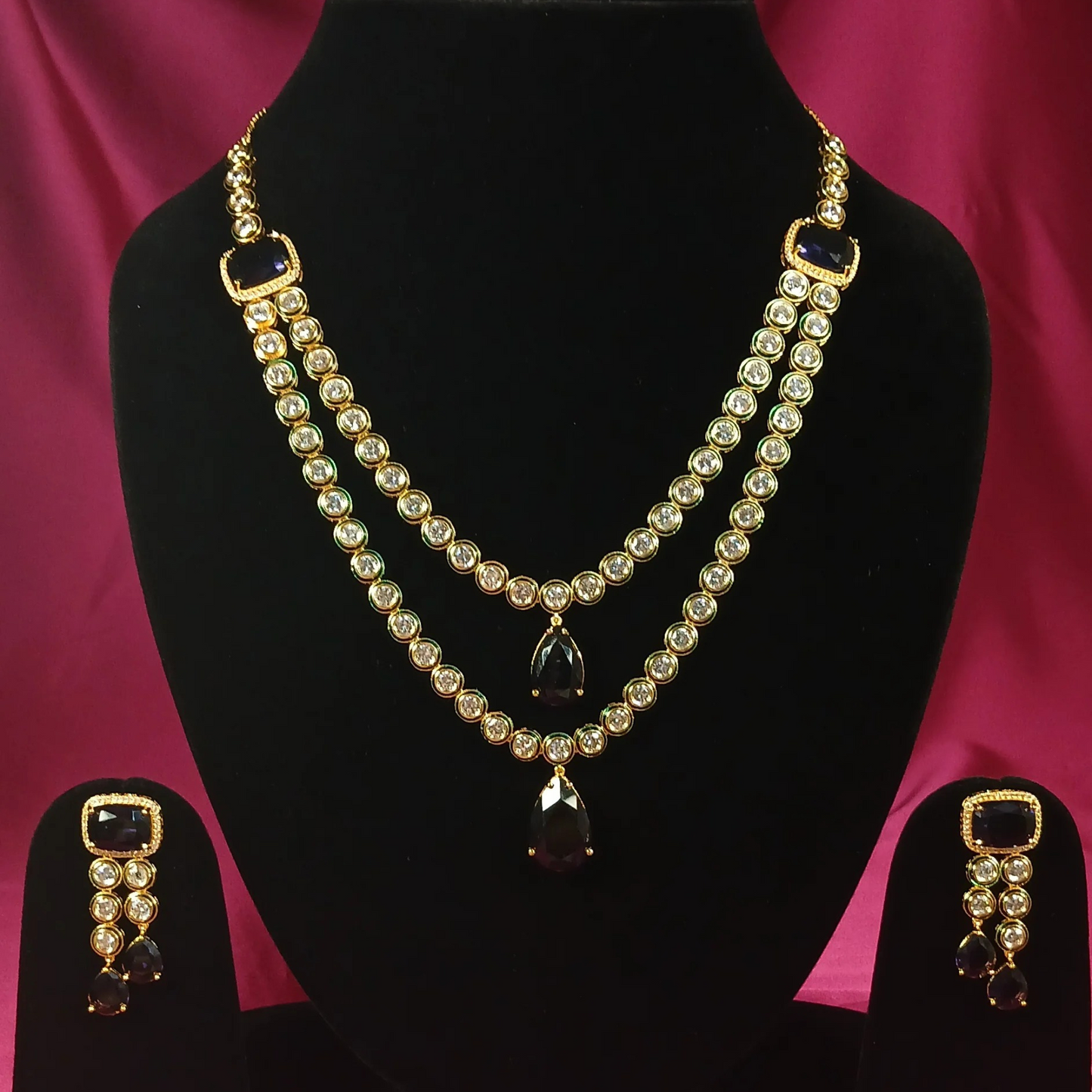 Layered Polki Necklace set with Purple Drop Stones