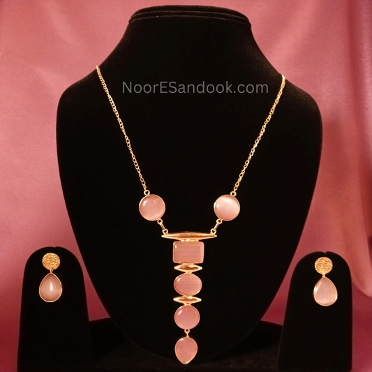 Long stone pendant with simple chain-Pink