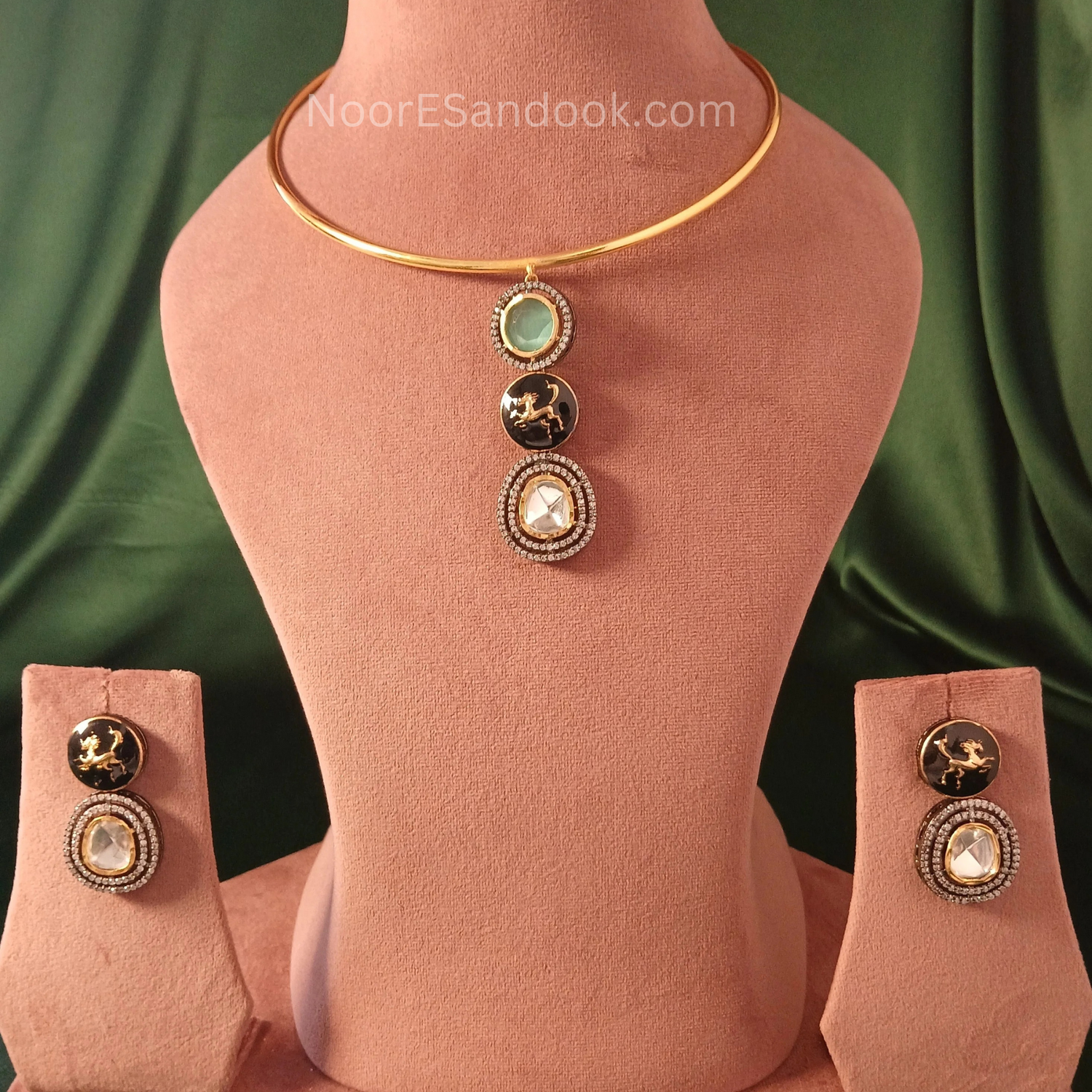 Branded Necklace-Haslee with Earrings(Tiger)- Black
