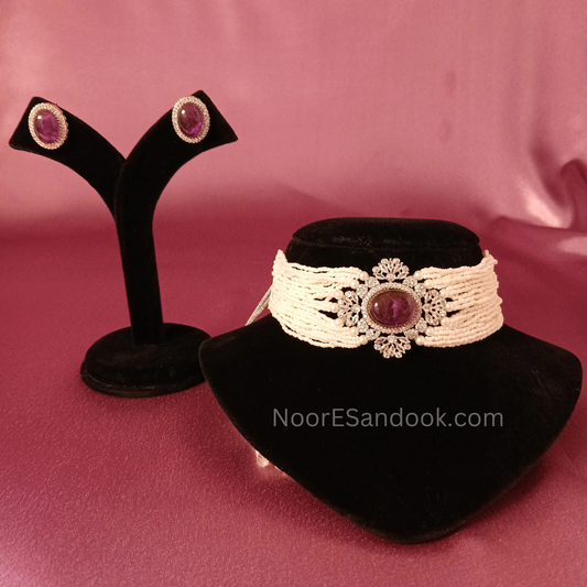 Pearl choker layers with stone in between (Pink)