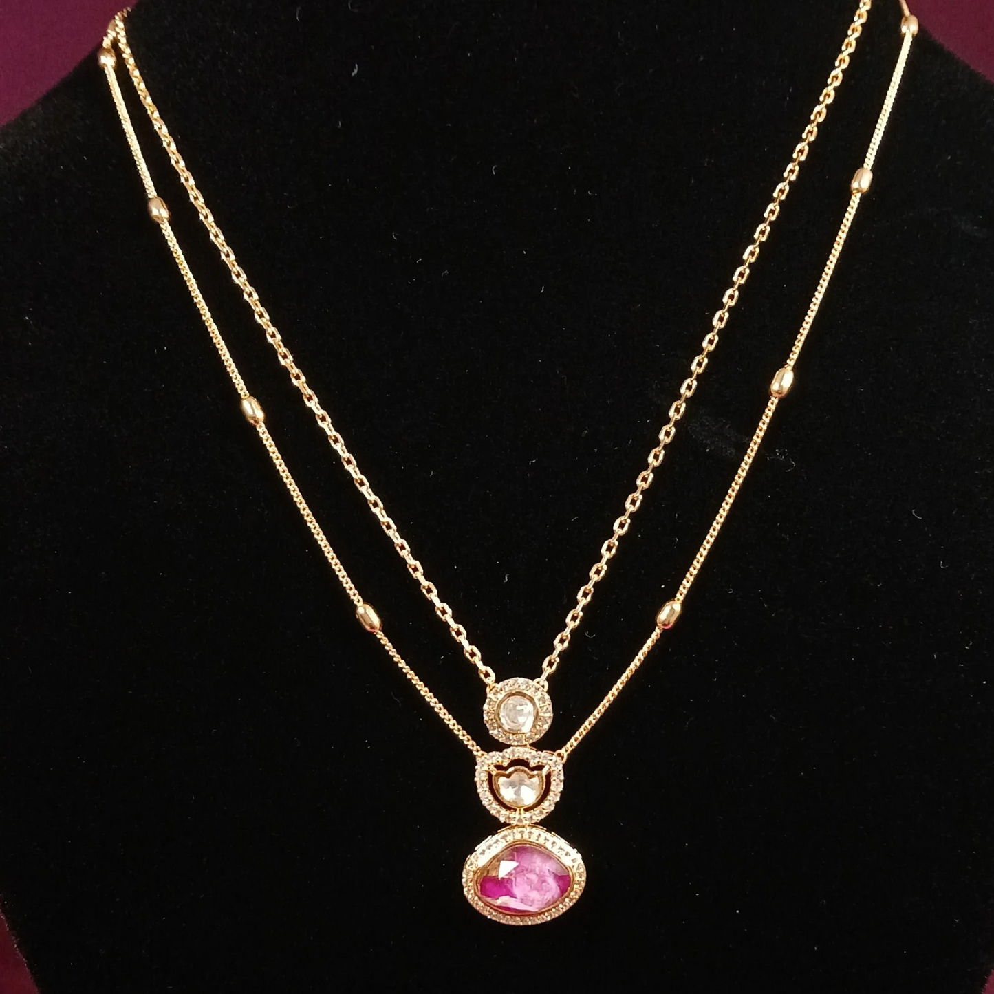 Polki Pendant Set with Doublet Stone & Double Layer Necklace- AP168C