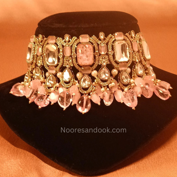 Pink Doublet Stone Choker Set With Maang Tika