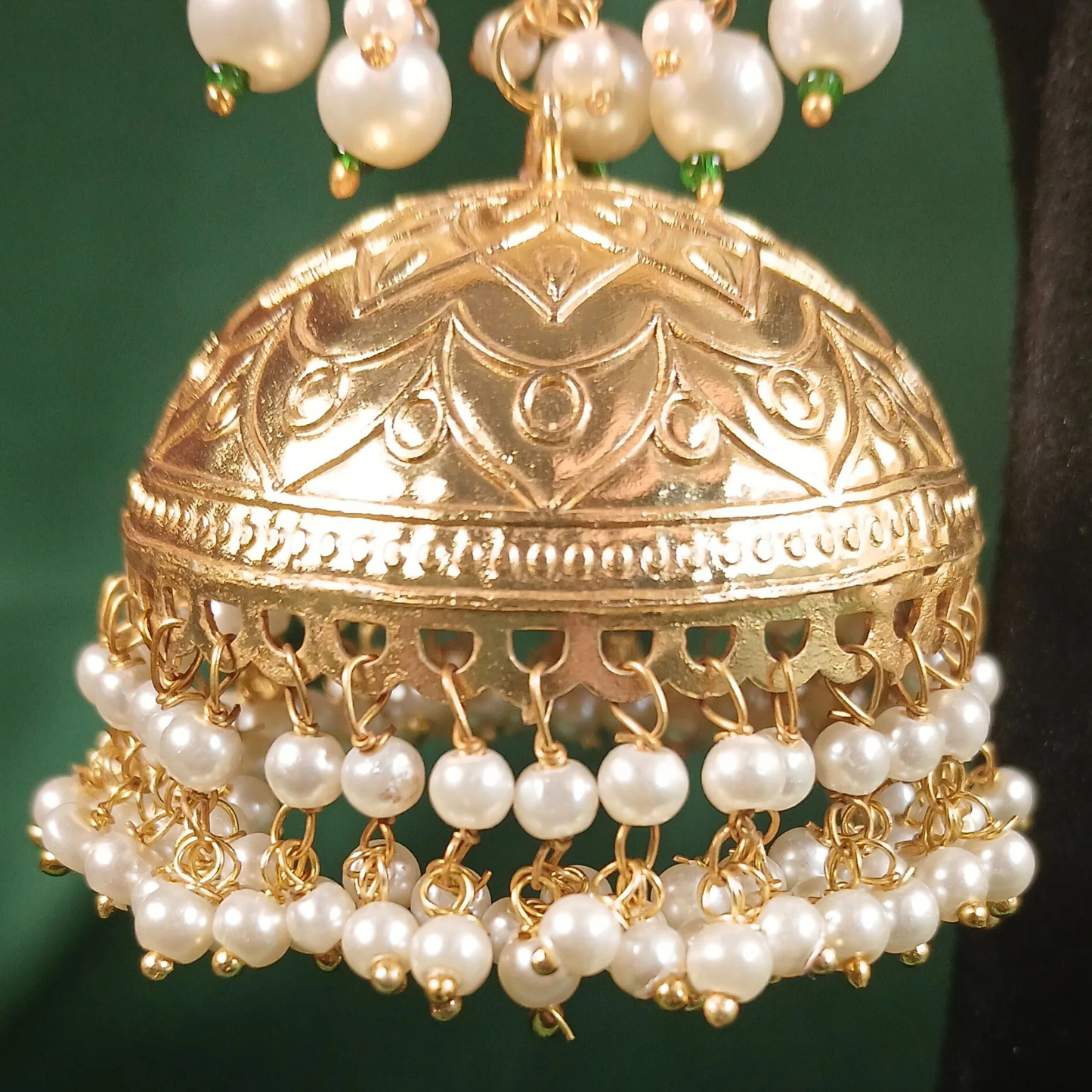 Long Golden Jhumka with Green Stones