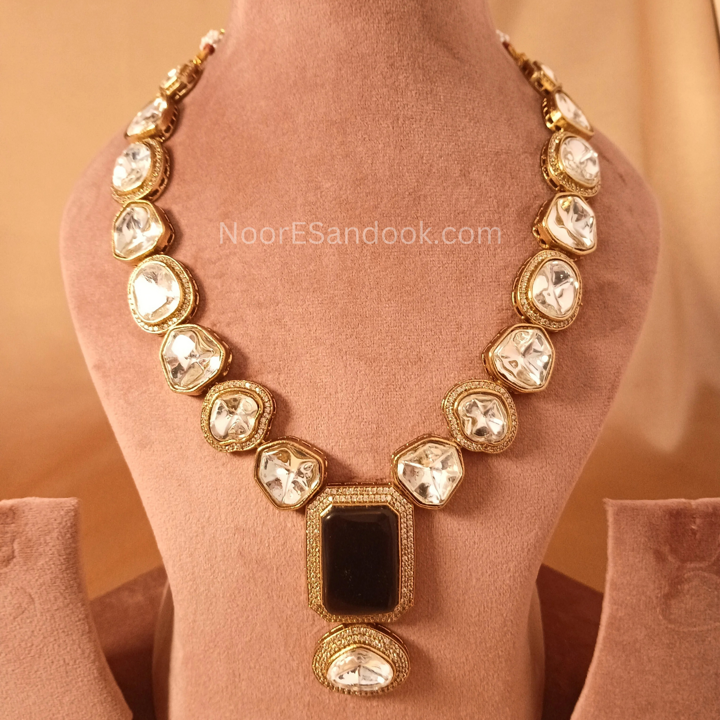 Polki Necklace with long pendant in stone- Lavender