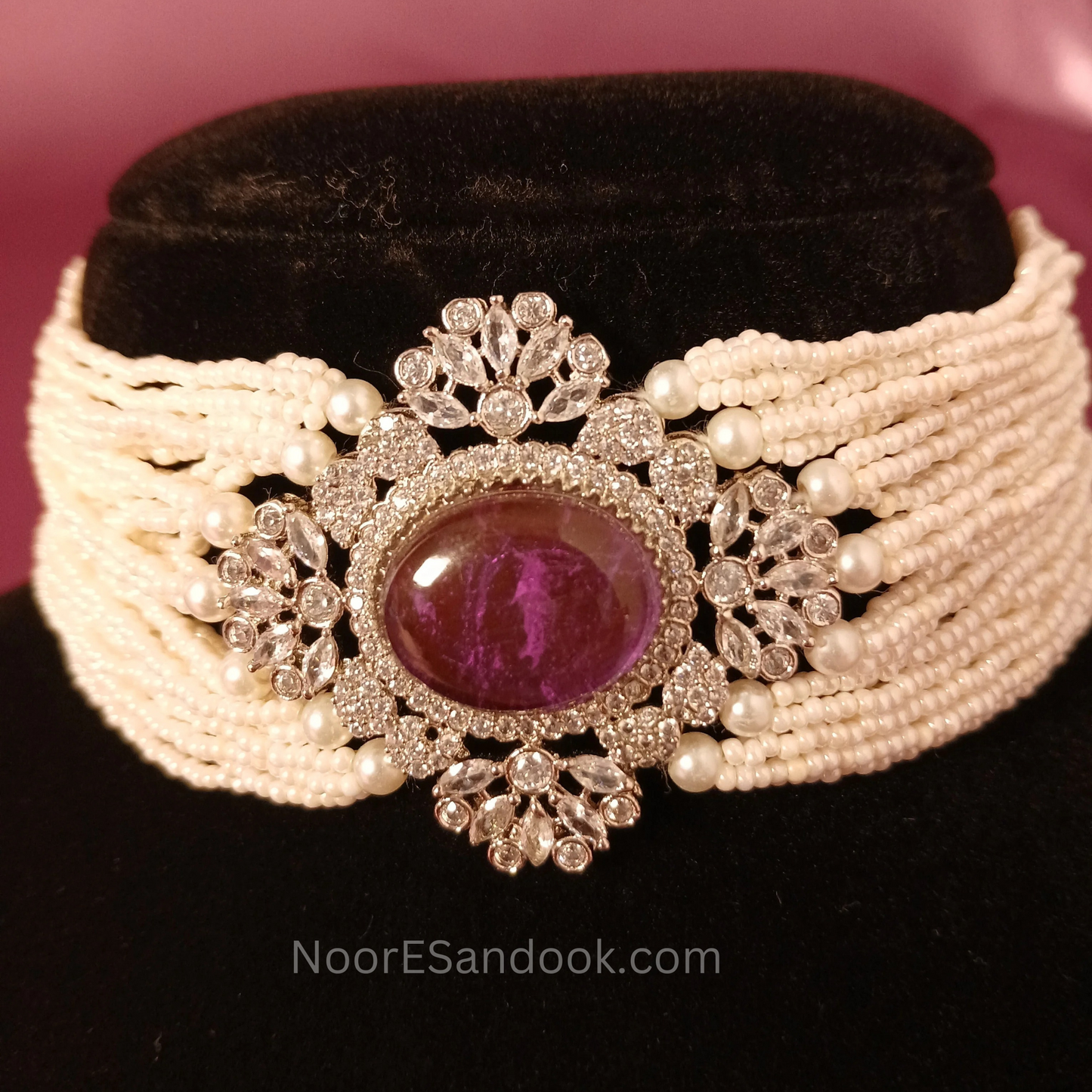 Pearl choker layers with stone in between (Pink)