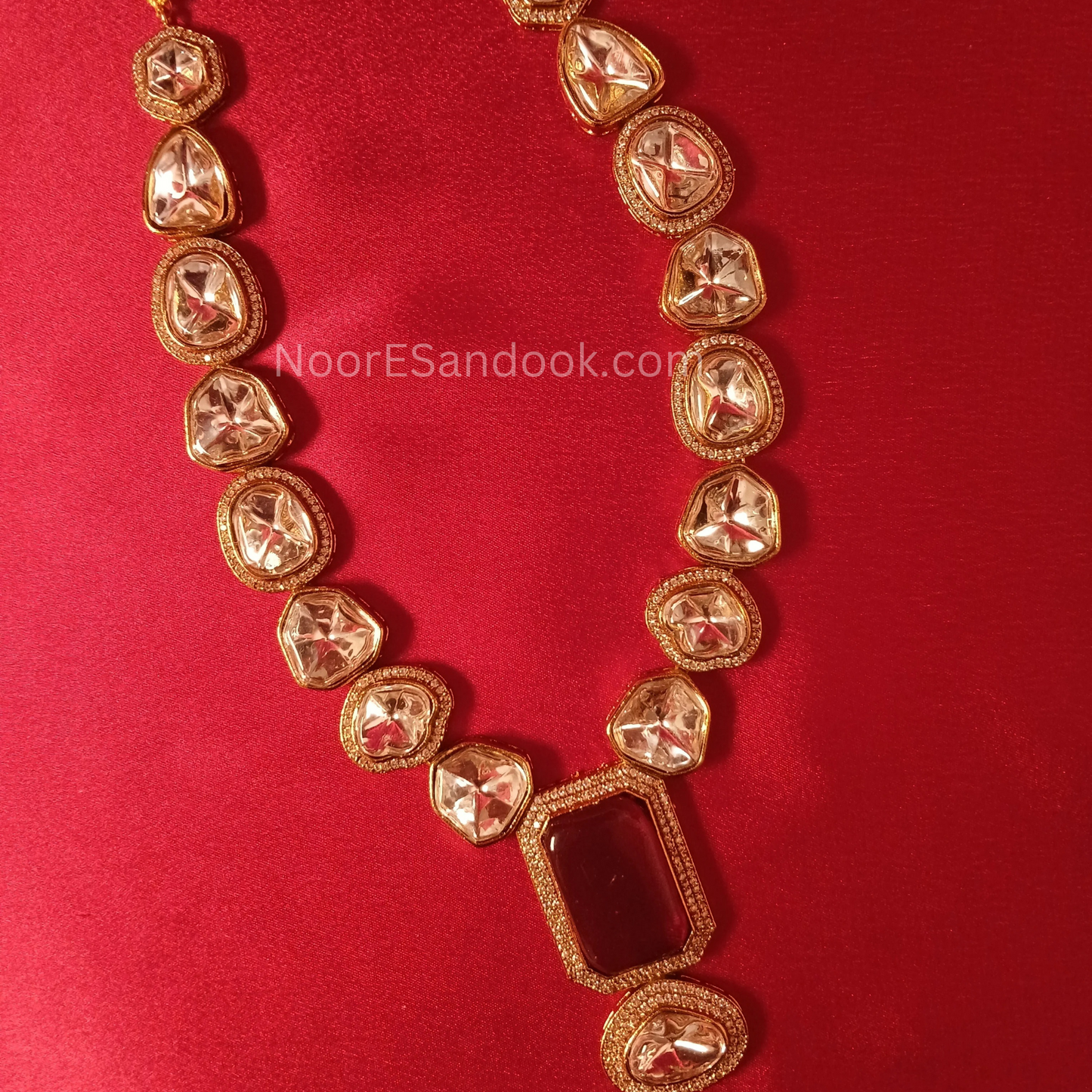Polki Necklace with long pendant in stone- Red