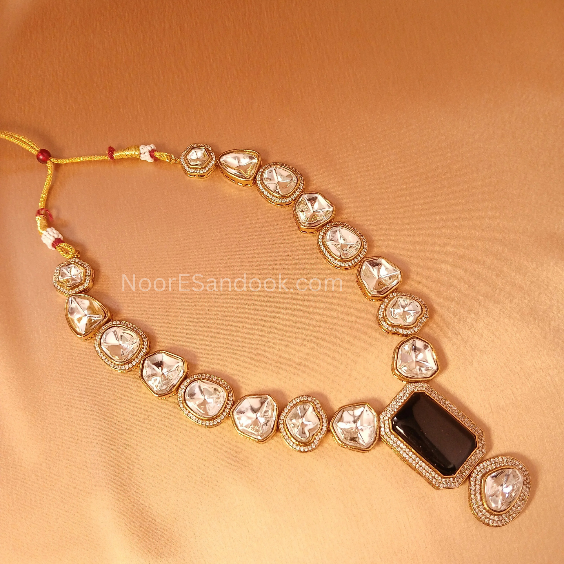 Polki Necklace with long pendant in stone- Black