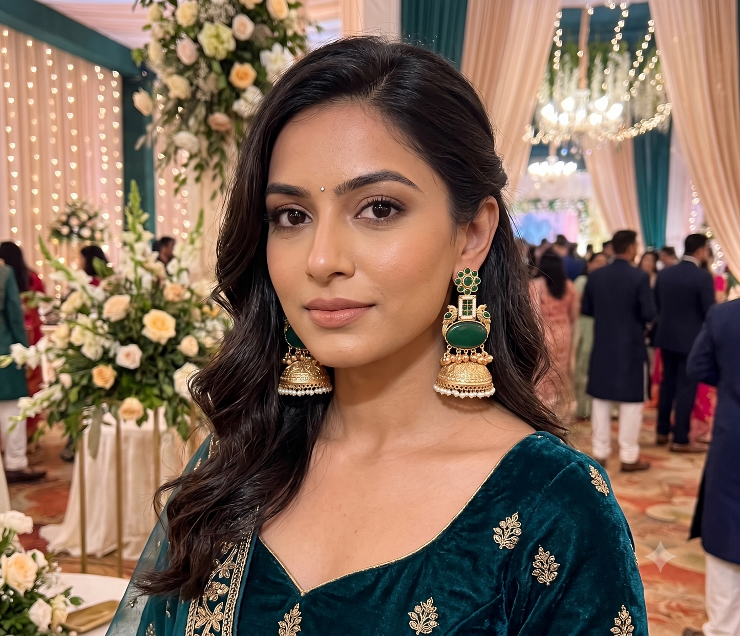 Long Golden Jhumka with green stones
