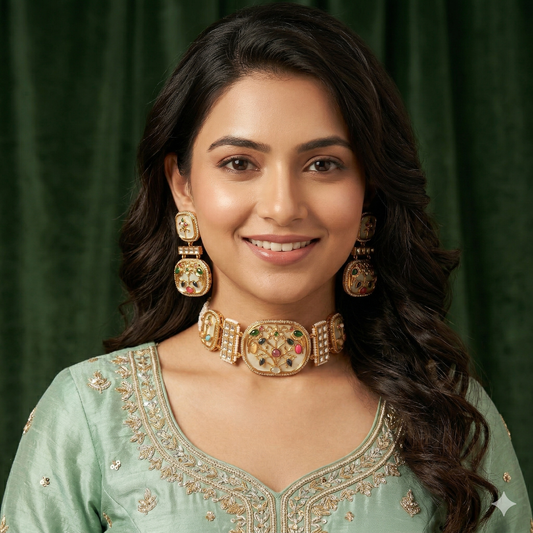Rohini Inlay Work Choker Set- Green