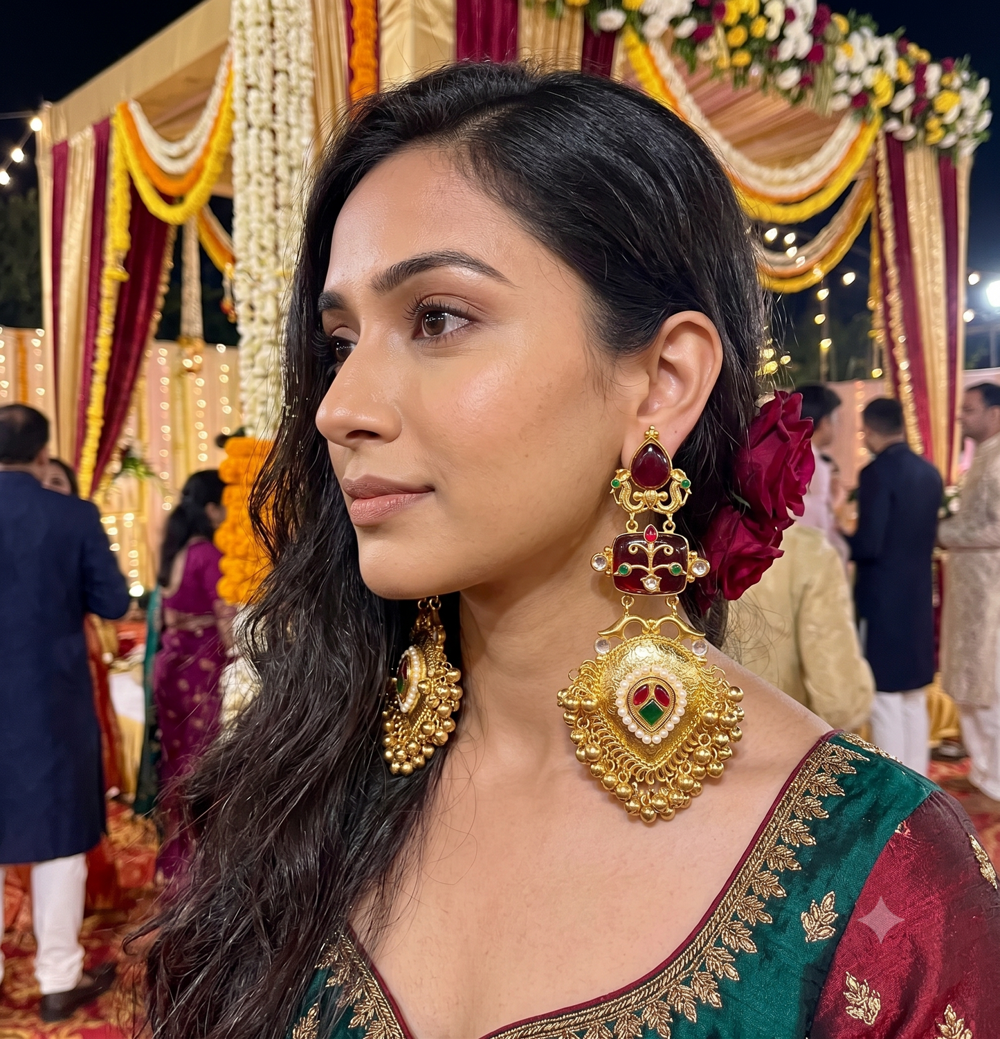 Long Golden Earrings- Inlay Work