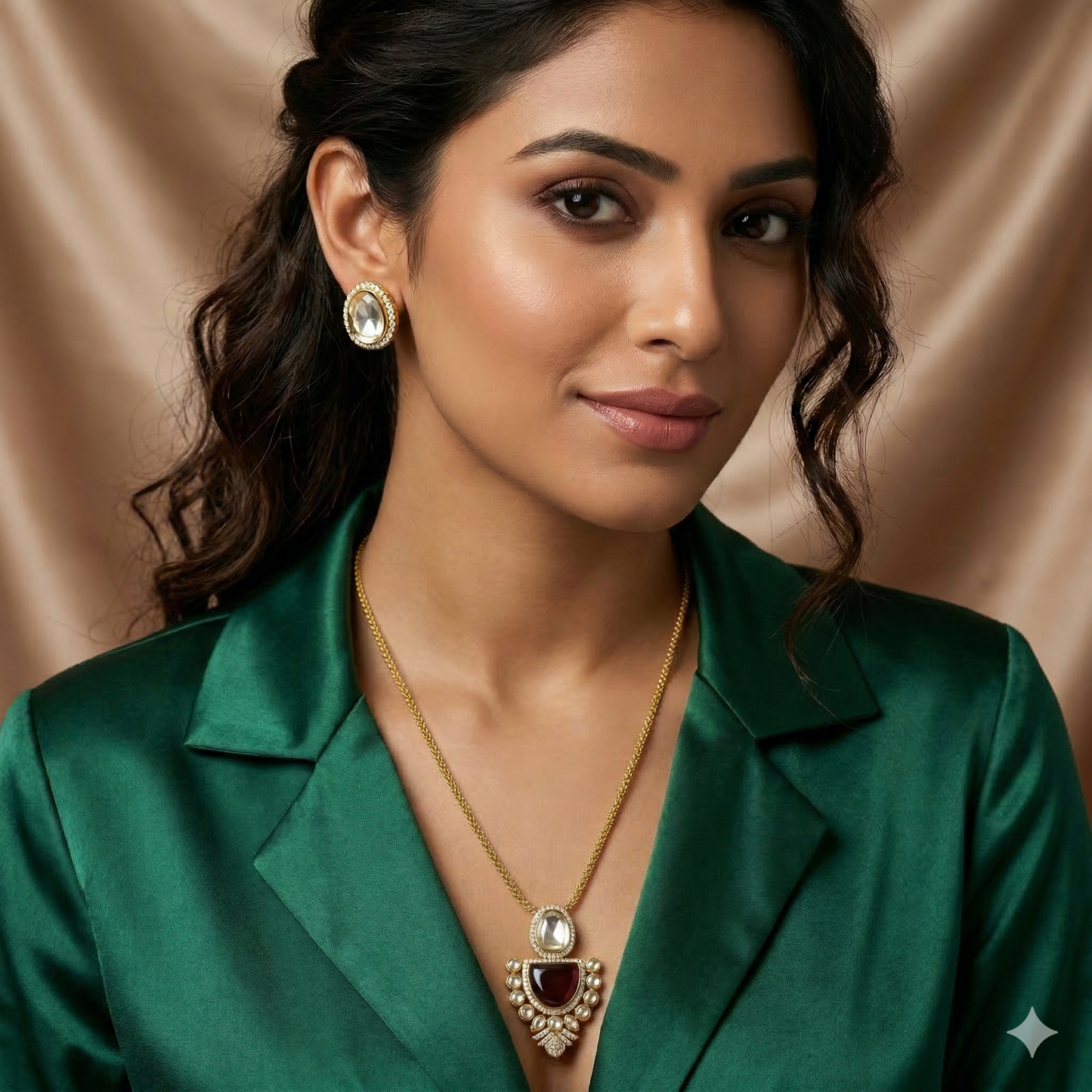 Polki Pendant Set -Red