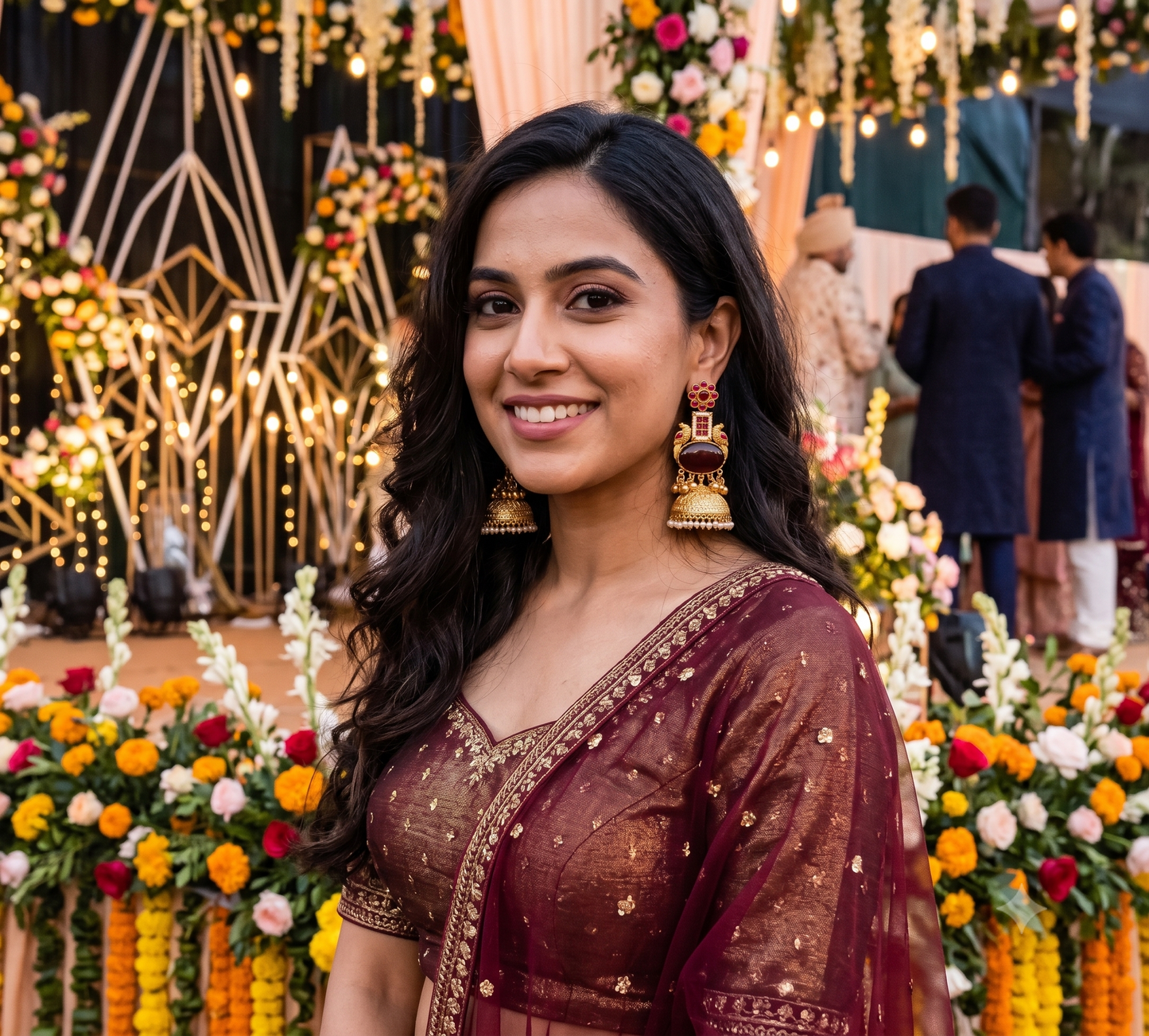 Long Golden Jhumka with red stones