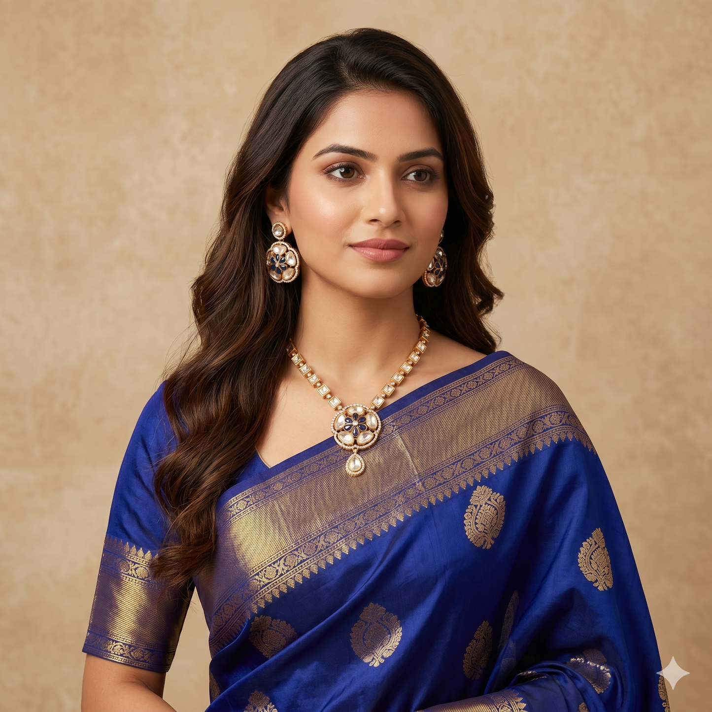 Pushp Kantha Polki Necklace Set- Blue